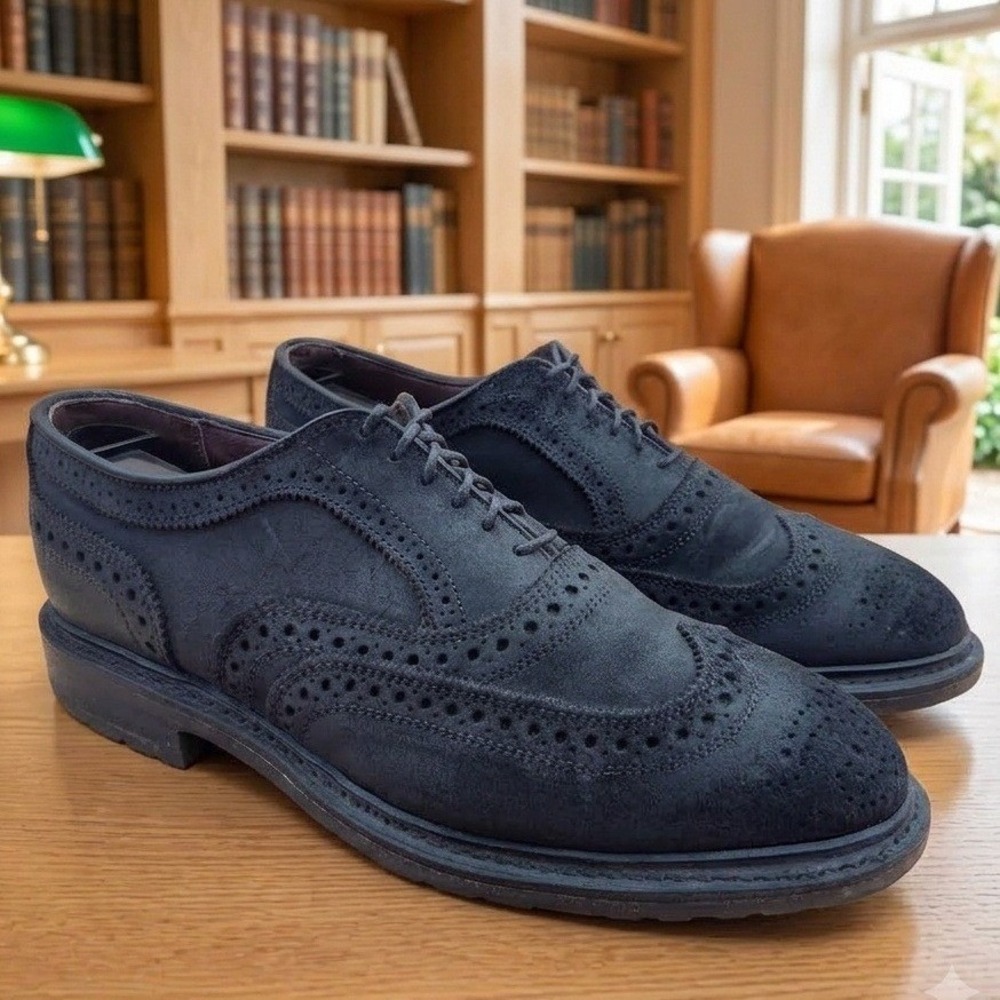 Allen Edmonds McAllister Wingtip Oxford Shoes Navy Blue Suede Lug Sole Mens 7 D